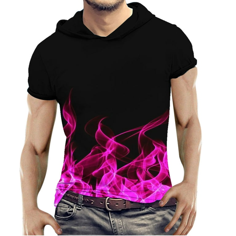 RYRJJ On Clearance Mens Muscle Fit Y2K Hoodie Shirt Short Sleeve 3D Flame  Print Graphic Tees Hip Hop Streetwear Workout Hooded T-Shirt 01#Orange M 