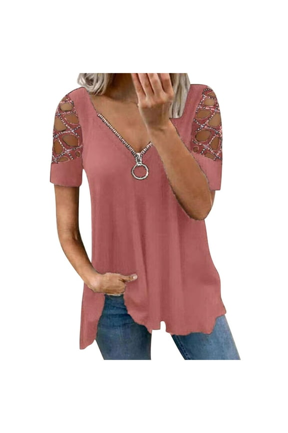 Plus Size Cold Shoulder Tops Shirt for Women Cut Out Rhinestone Tshirt Casual Summer Zip V Neck Short Sleeve Tunic Blouse(Pink,L)