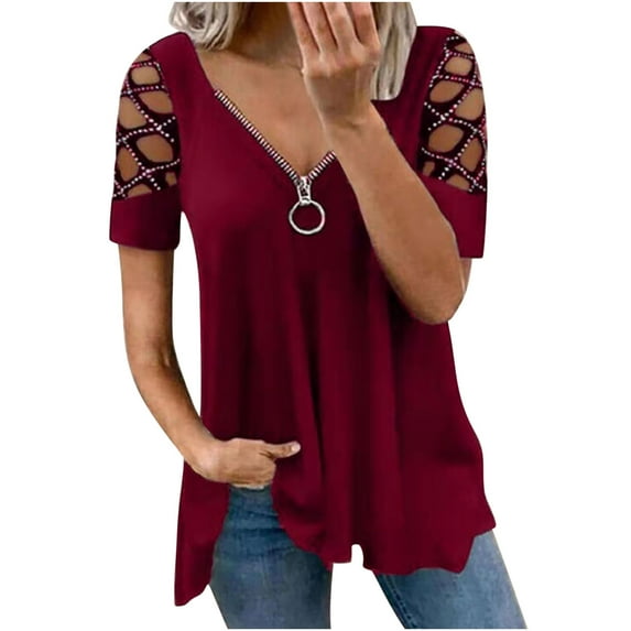 RYRJJ Plus Size Cold Shoulder Tops Shirt for Women Cut Out Rhinestone Tshirt Casual Summer Zip V Neck Short Sleeve Tunic Blouse(Red,XL)