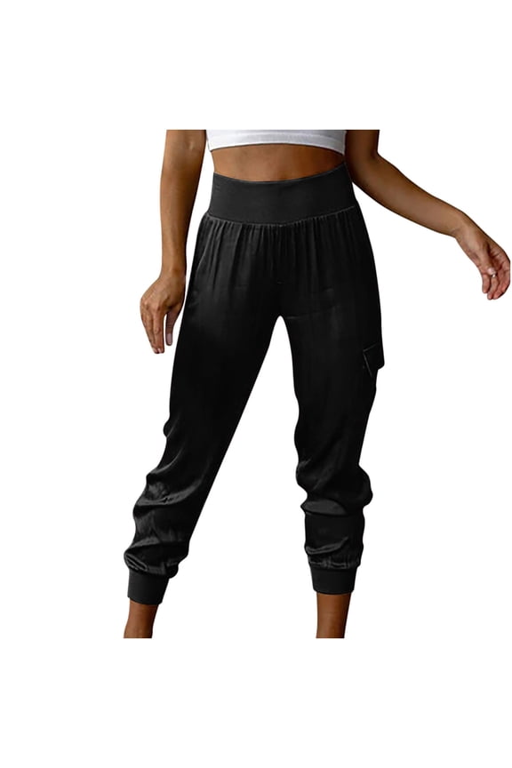 Women's Satin Jogger Pants Casual Elastic High Waist Long Lounge Pant Solid Color Lightweigh Silk Trousers with Pockets(Black,XL)
