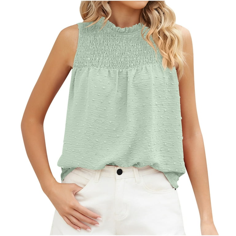 RYRJJ On Clearance Womens Frill Smocked Crewneck Tank Tops Pleated