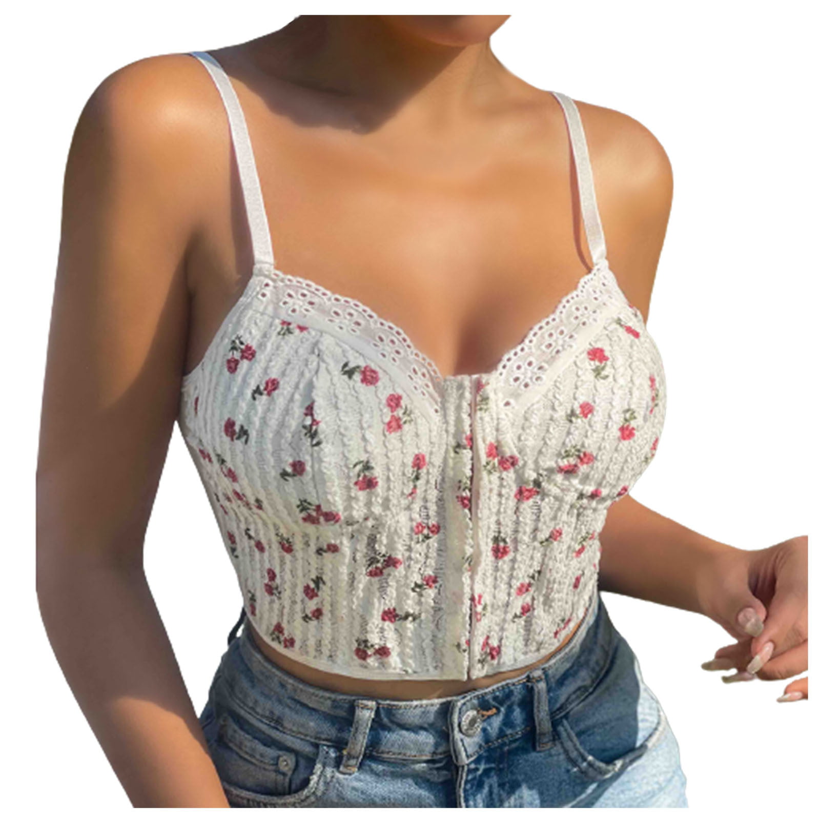 JDEFEG Lace Strap Insert Romper Women Bustier Corset Top Zipper Eyelet Lace  Up Floral Print Push Up Crop Tops Vintage Tank Top Party Clubwear Bodice
