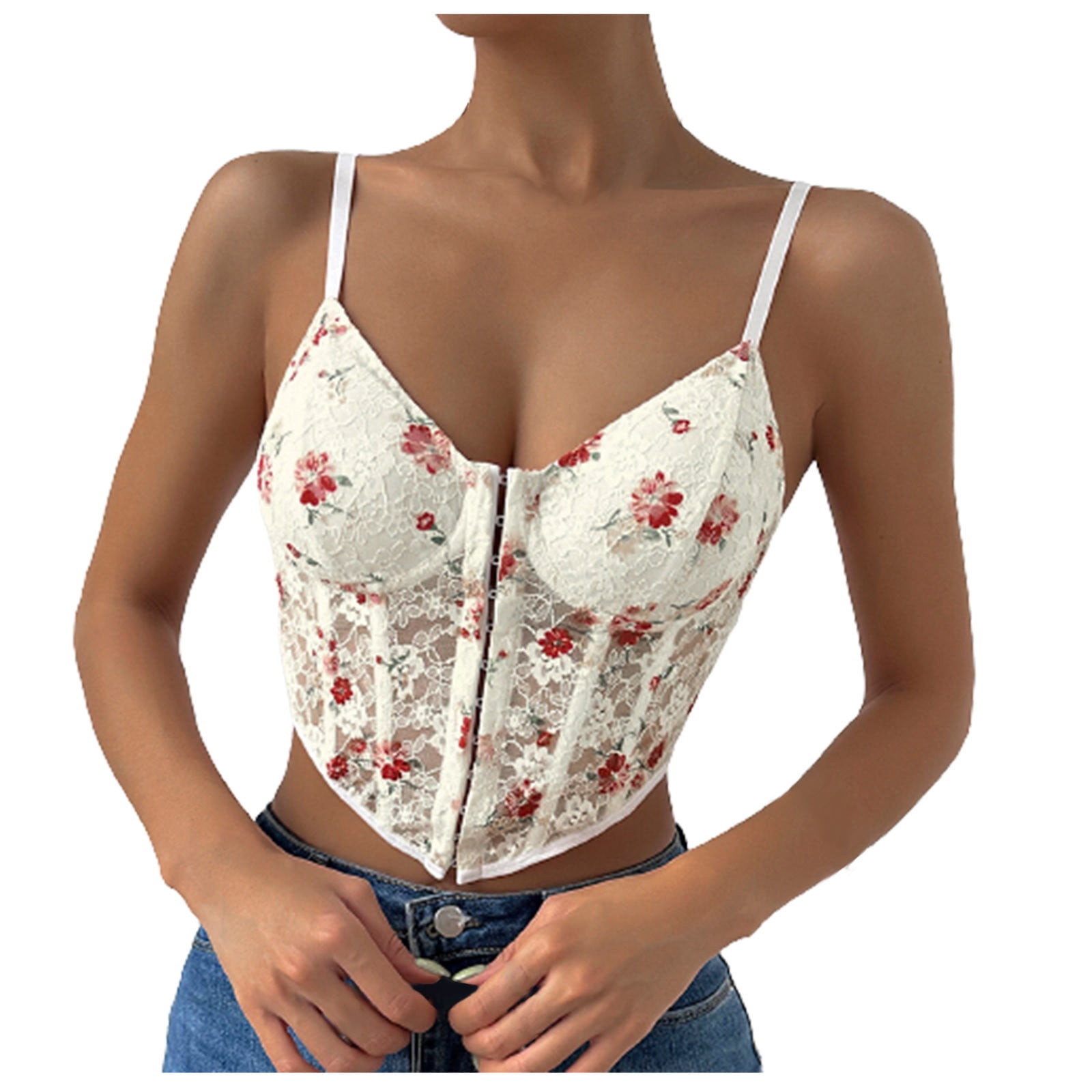 JDEFEG Love Your Body Cup Womens Bustier Corset Top Eyelet Lace Up Floral  Print Push Up Crop Tops Vintage Tank Top Party Clubwear Bodice Camisole 2Xl  Polyester White L 