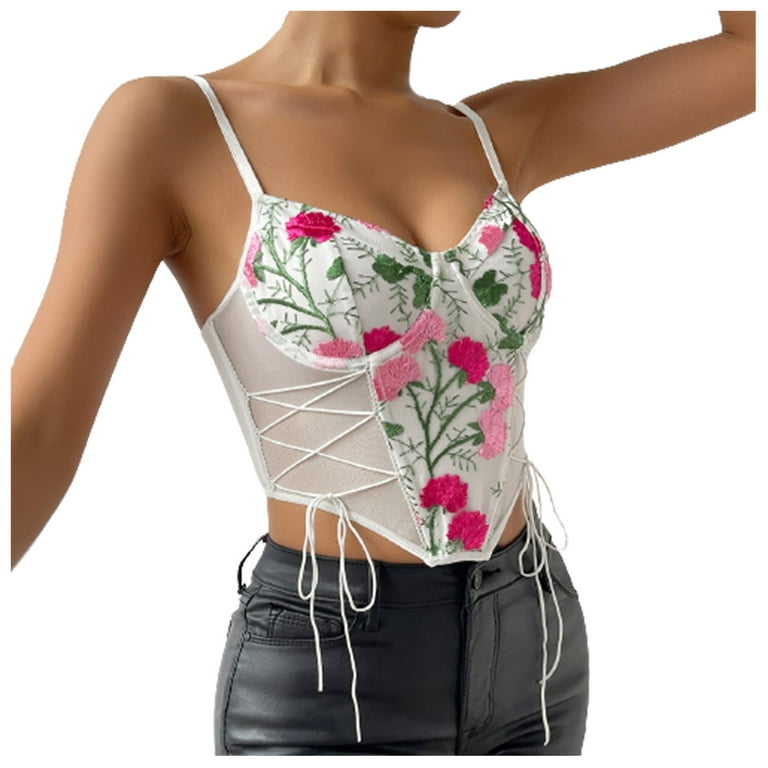 RYRJJ On Clearance Womens Sexy Bustier Corset Top Y2K Eyelet Lace Floral  Print Push Up Crop Tops Vintage Tank Top Going Out Party Clubwear Bodice( Floral White,XS) 