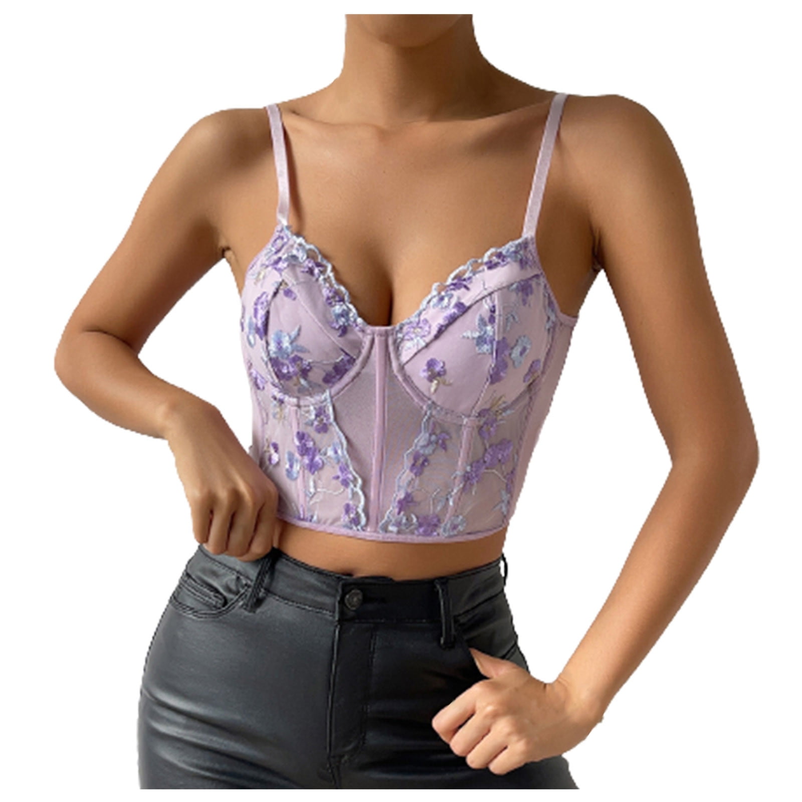 LYNLYN Fashion Mesh Push Up Bralet Women S Corset Bustier Bra Night Club  Party Long Sexy Cropped Top Vest Plus Size (Color : Ice Cream Color, Size :  S 34B 34 75) 