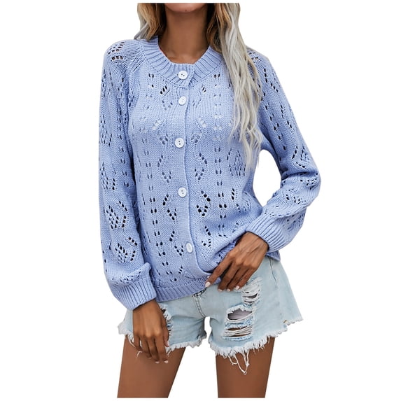 RYRJJ Open Front Cardigan Sweaters for Women Round Neck Long Sleeve Button Down Hollow Out Crochet Knit Sweater Outwear Top(Blue,XL)