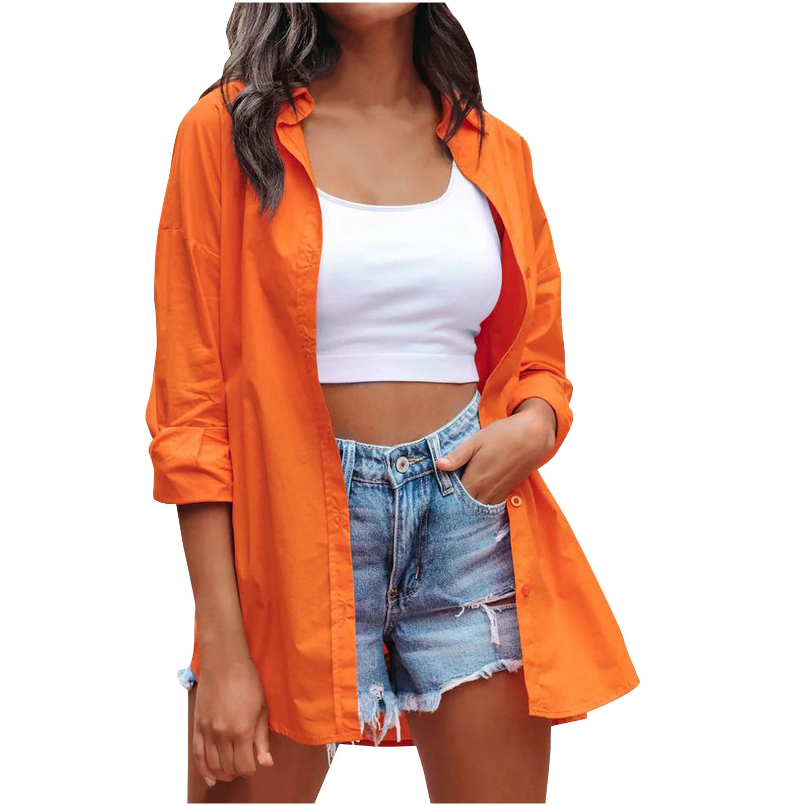 RYRJJ Oversized Button Down Shirts for Women Trendy Casual Long Sleeve  Candy Color V Neck Dressy Work Blouses Tops(Orange,XL) 