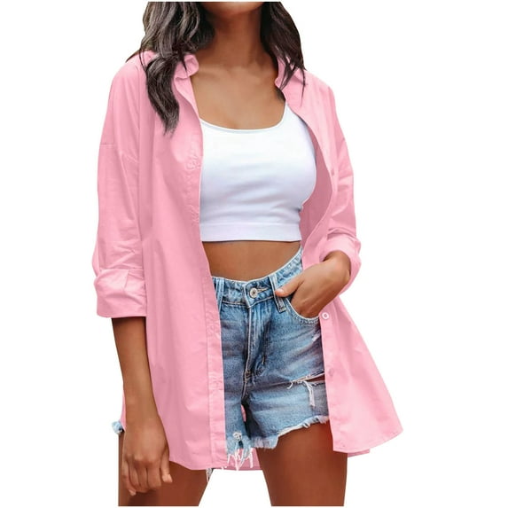 RYRJJ Oversized Button Down Shirts for Women Trendy Casual Long Sleeve Candy Color V Neck Dressy Work Blouses Tops(Pink,L)