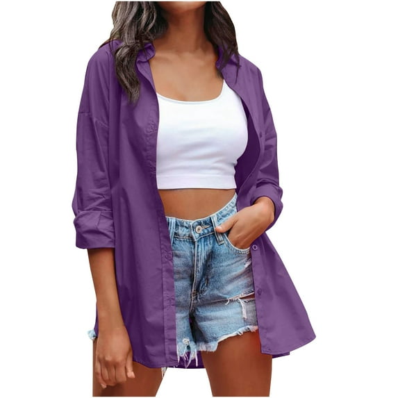 RYRJJ Oversized Button Down Shirts for Women Trendy Casual Long Sleeve Candy Color V Neck Dressy Work Blouses Tops(Purple,S)
