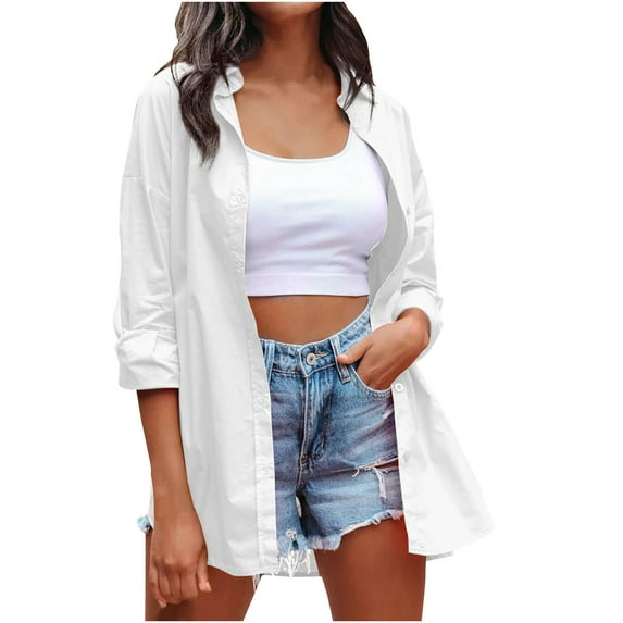 RYRJJ Oversized Button Down Shirts for Women Trendy Casual Long Sleeve Candy Color V Neck Dressy Work Blouses Tops(White,S)