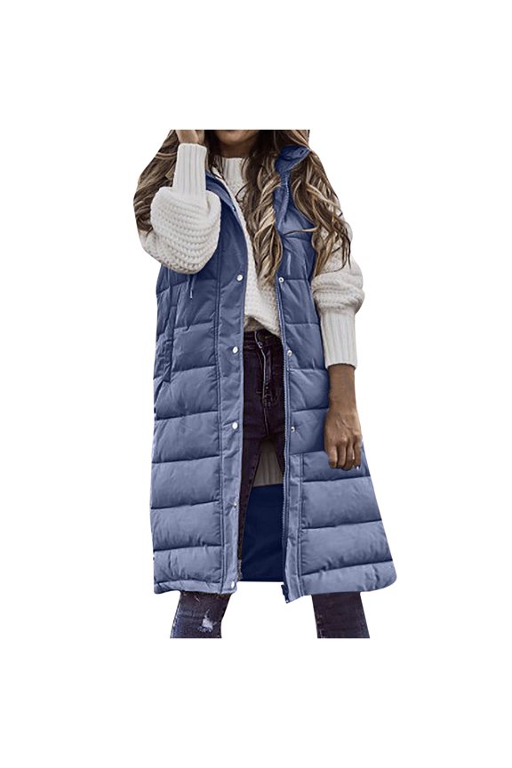 Oversized Long Down Vest for Women Outdoor Coats with Hood Full-Zip Puffer Vest Fashionable Sleeveless Quilted Jacket(Blue,M)