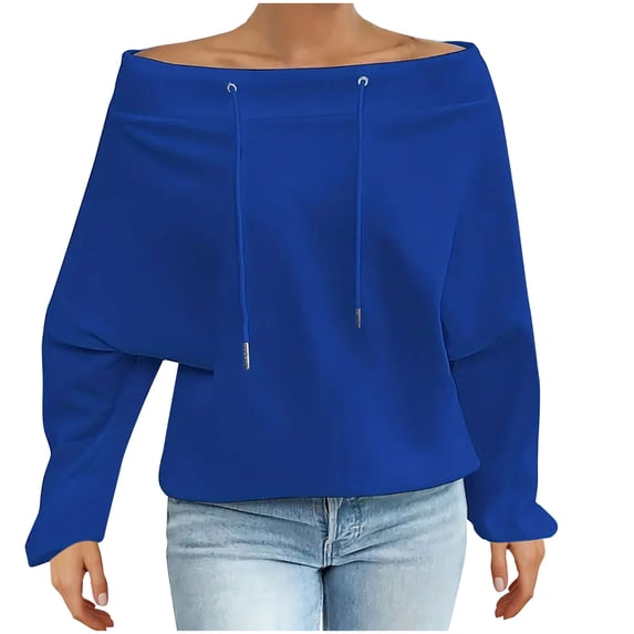 RYRJJ Oversized Long Sleeve Shirts for Women Off the Shoulder Sweatshirts Loose Drawstring Fall Trendy Y2K Pullover Tops(Blue,4XL)