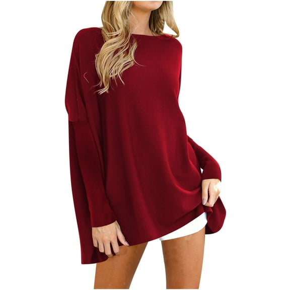 RYRJJ Oversized Sweaters for Women Tunic Tops to Wear with Leggings Long Sleeve Fall Knit Sweaters Dressy Pullover Top(Wine,L)