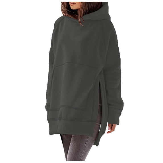 RYRJJ Oversized Sweatshirt for Women Fall Winter Long Sleeve Solid Color Tunic Hoodies Split Hem Loose Comfy Hooded Pullover Tops with Pockets(Dark Gray,M)