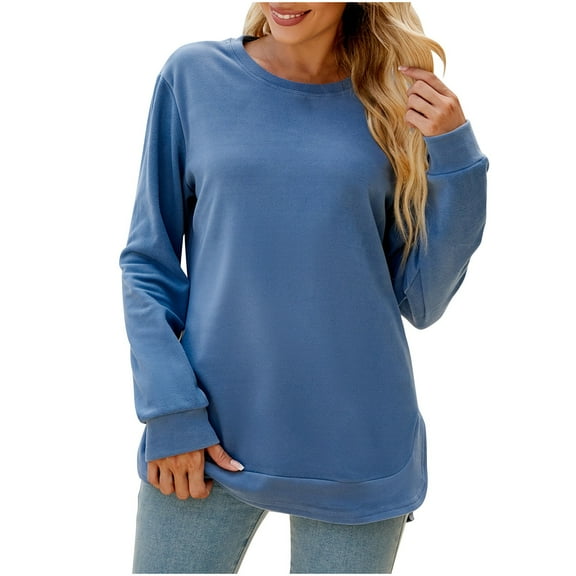 RYRJJ Oversized Sweatshirt for Women Long Sleeve Crewneck Casual Loose Side Split Pullover Tops Fall Trendy Clothes(Sky Blue,L)