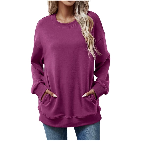 RYRJJ Oversized Sweatshirt for Women Long Sleeve Shirts Crewneck Fall Fashion Pullover Trendy Tunic Tops with Pockets(Purple,XL)