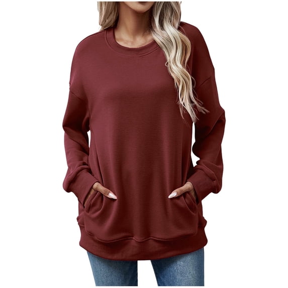 RYRJJ Oversized Sweatshirt for Women Long Sleeve Shirts Crewneck Fall Fashion Pullover Trendy Tunic Tops with Pockets(Wine,M)