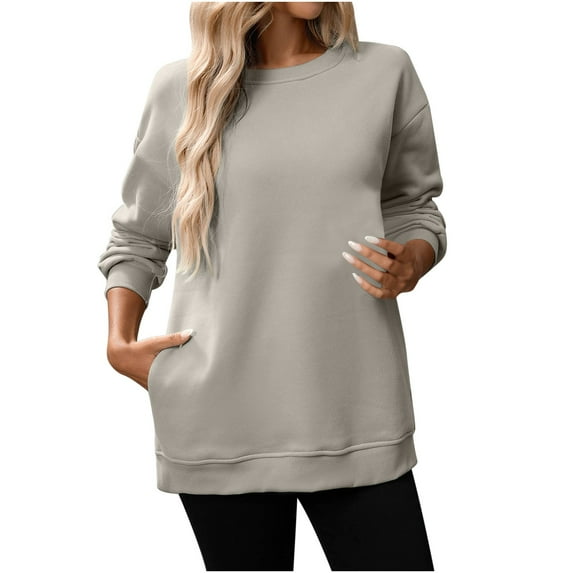 RYRJJ Oversized Sweatshirts for Women Trendy Comfy Fleece Crewneck Sweatshirt Fall Casual Loose Pullover Tops with Pockets(Beige,XXL)
