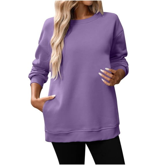 RYRJJ Oversized Sweatshirts for Women Trendy Comfy Fleece Crewneck Sweatshirt Fall Casual Loose Pullover Tops with Pockets(Purple,L)