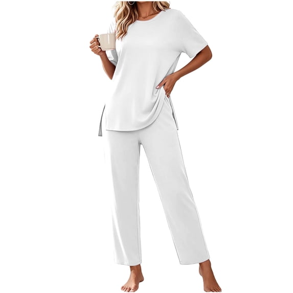 RYRJJ Pajamas for Women Soft Pjs Lounge Sets Short Sleeve Crewneck Tops and Long Pants 2 Piece Pjs Set with Pockets for Sleep Home Travel