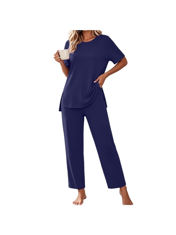 Pajamas for Women Soft Pjs Lounge Sets Short Sleeve Crewneck Tops and Long Pants 2 Piece Pjs Set with Pockets for Sleep Home Travel