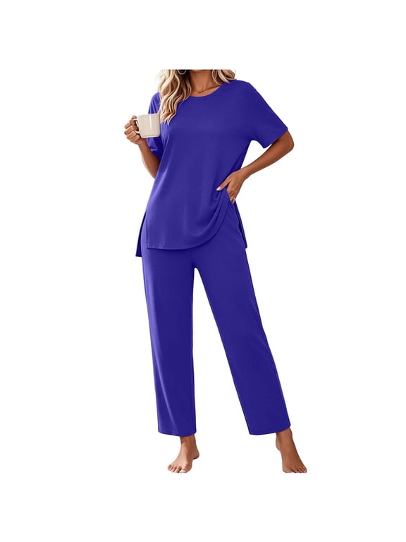 Pajamas for Women Soft Pjs Lounge Sets Short Sleeve Crewneck Tops and Long Pants 2 Piece Pjs Set with Pockets for Sleep Home Travel
