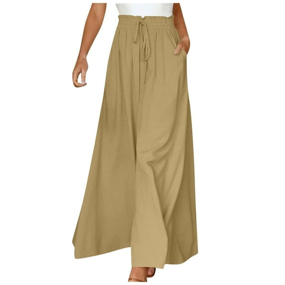 RYRJJ Pants for Women Flowy Dressy Casual Elastic High Waist Wide Leg Palazzo Pants Drawstring Lounge Work Trousers with Pockets(Khaki,XL)