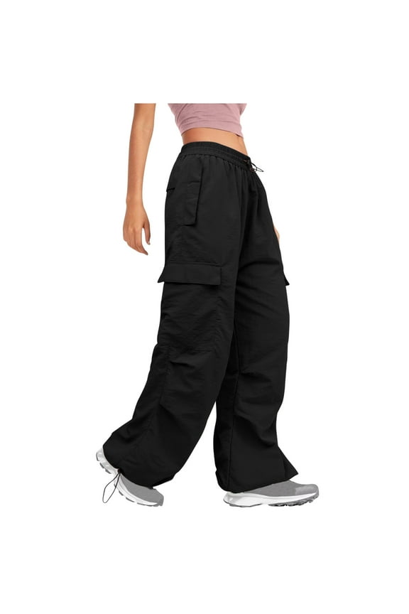 Parachute Pants for Women Baggy Cargo Pants Multi-Pocket Elastic Low Rise Y2K Pants Teen Girls Wide Leg Jogger Trousers Streetwear Black L