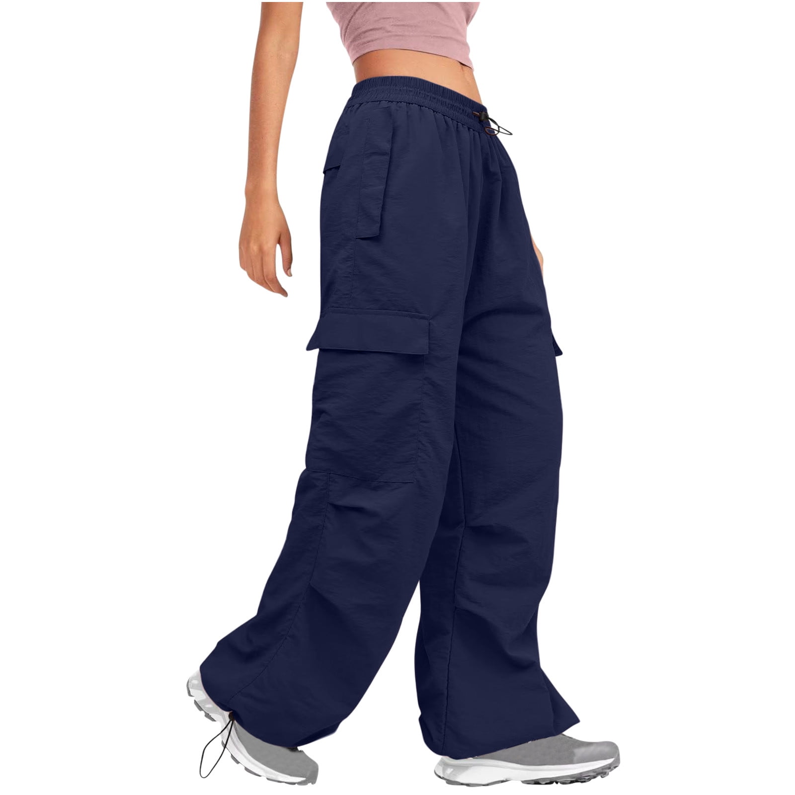 RYRJJ Parachute Pants for Women Baggy Cargo Pants Multi-Pocket Elastic Low  Rise Y2K Pants Teen Girls Wide Leg Jogger Trousers Streetwear Dark Blue S 