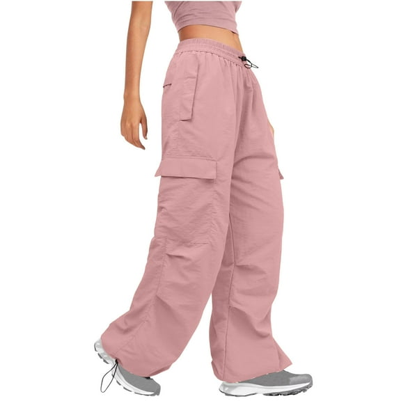 RYRJJ Parachute Pants for Women Baggy Cargo Pants Multi-Pocket Elastic Low Rise Y2K Pants Teen Girls Wide Leg Jogger Trousers Streetwear Pink S