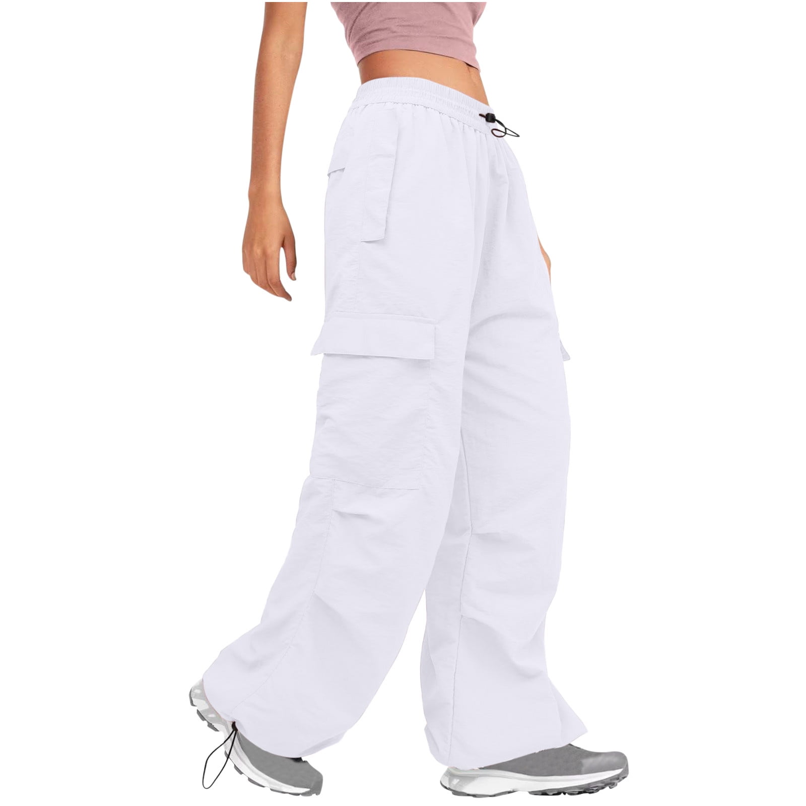 RYRJJ Parachute Pants for Women Baggy Cargo Pants Multi-Pocket Elastic Low  Rise Y2K Pants Teen Girls Wide Leg Jogger Trousers Streetwear White XL