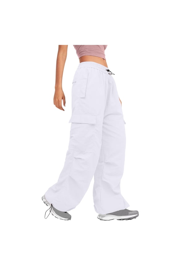 Parachute Pants for Women Baggy Cargo Pants Multi-Pocket Elastic Low Rise Y2K Pants Teen Girls Wide Leg Jogger Trousers Streetwear White XL