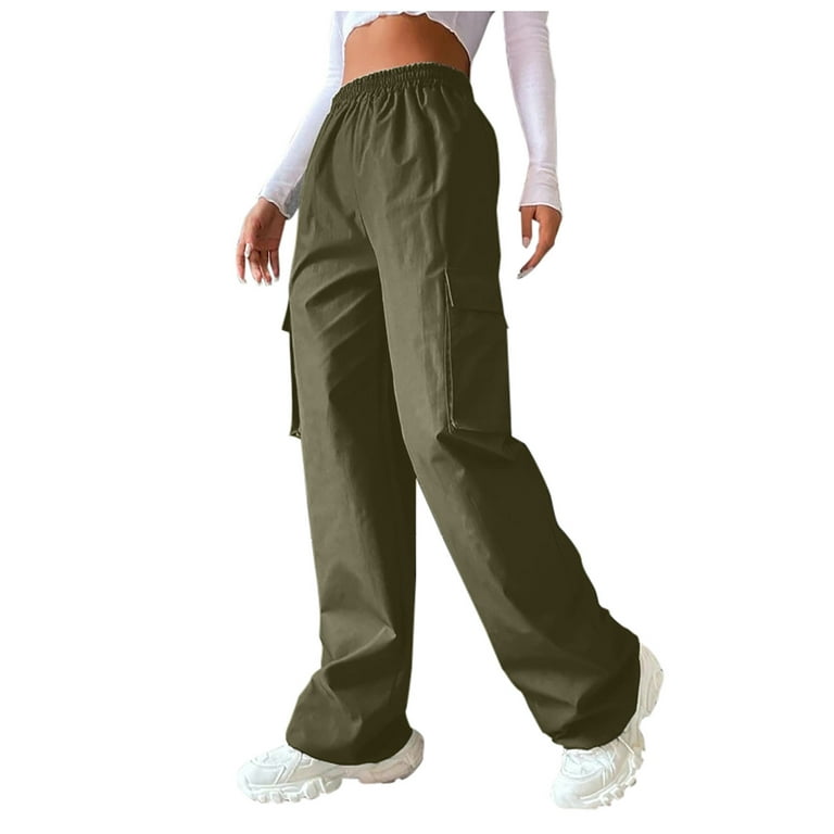 RYRJJ Parachute Pants for Women Baggy Cargo Pants Multi-Pocket High Rise  Y2K Pants Teen Girls Wide Leg Trousers Streetwear(Army Green,S) 