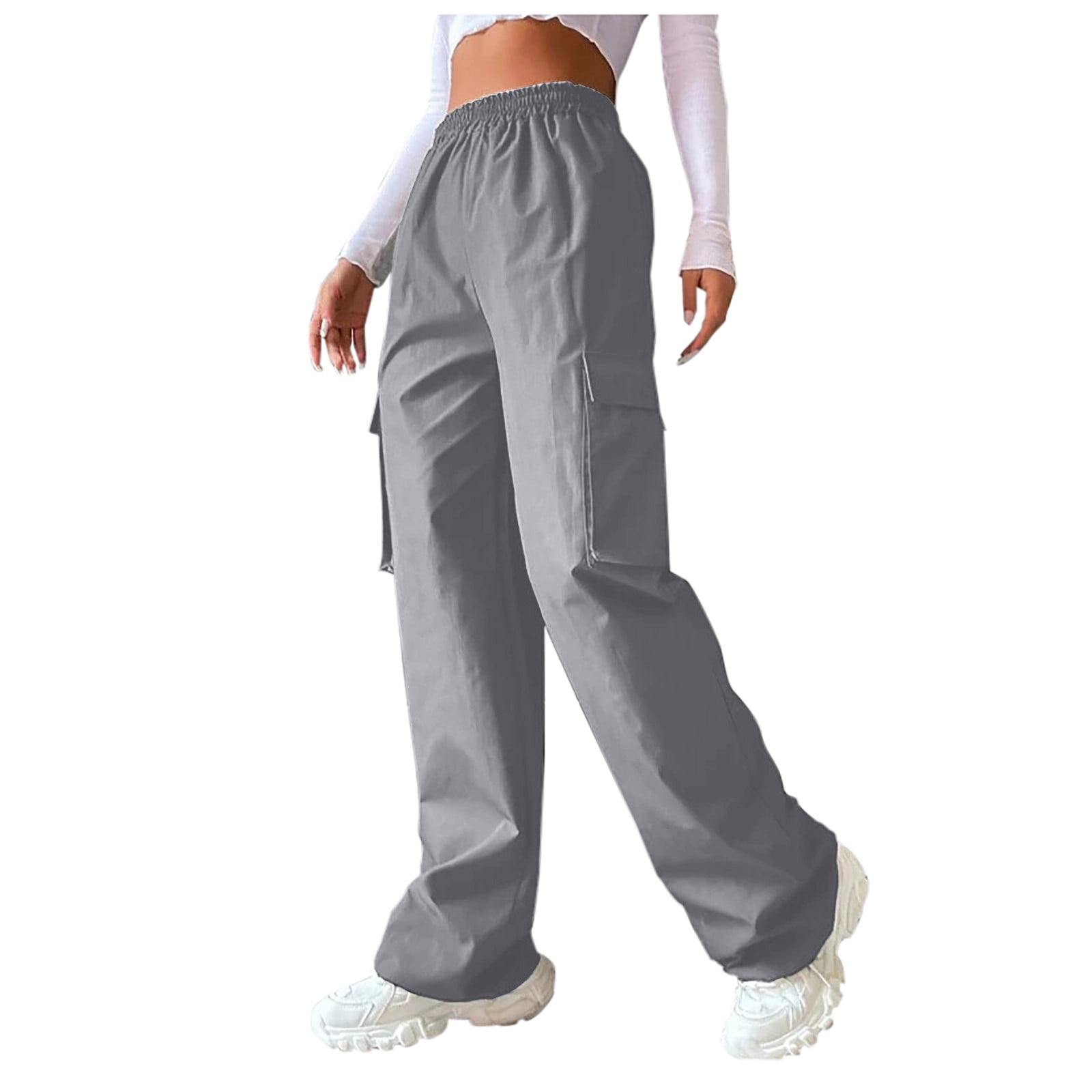 Cheap Grey Cargo Pants Women Drawstring Multi-pocket Overalls Streetwear  Y2k High Street Clothing Loose Straight Casual Sweatpants