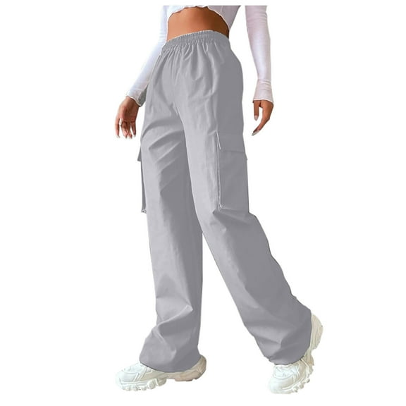 RYRJJ Parachute Pants for Women Baggy Cargo Pants Multi-Pocket High Rise Y2K Pants Teen Girls Wide Leg Trousers Streetwear(Gray,M)