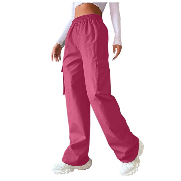 RYRJJ Parachute Pants for Women Baggy Cargo Pants Multi-Pocket High Rise Y2K Pants Teen Girls Wide Leg Trousers Streetwear(Hot Pink,XL)