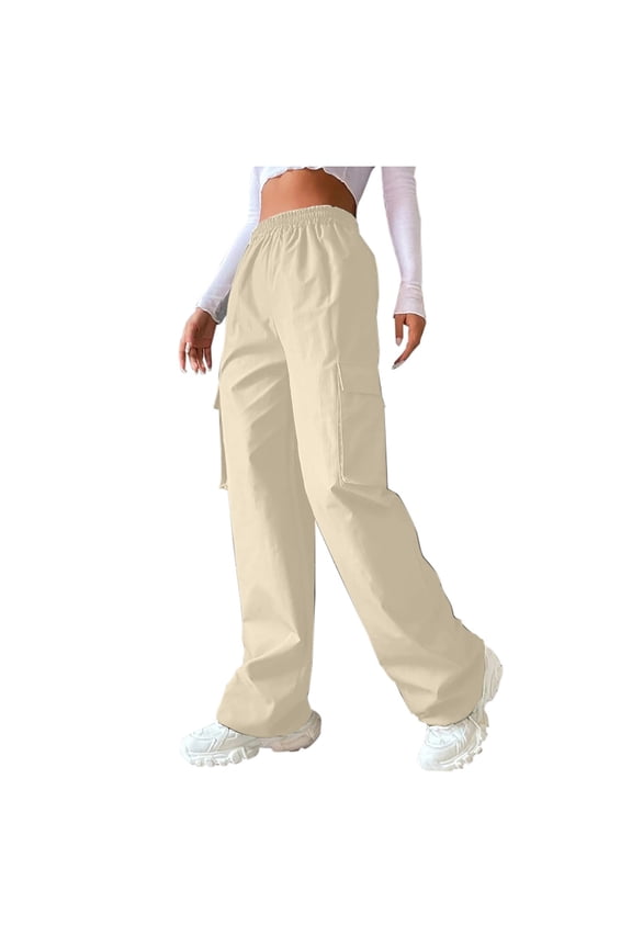 Parachute Pants for Women Baggy Cargo Pants Multi-Pocket High Rise Y2K Pants Teen Girls Wide Leg Trousers Streetwear(Khaki,S)
