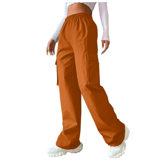 RYRJJ Parachute Pants for Women Baggy Cargo Pants Multi-Pocket High Rise Y2K Pants Teen Girls Wide Leg Trousers Streetwear(Orange,M)