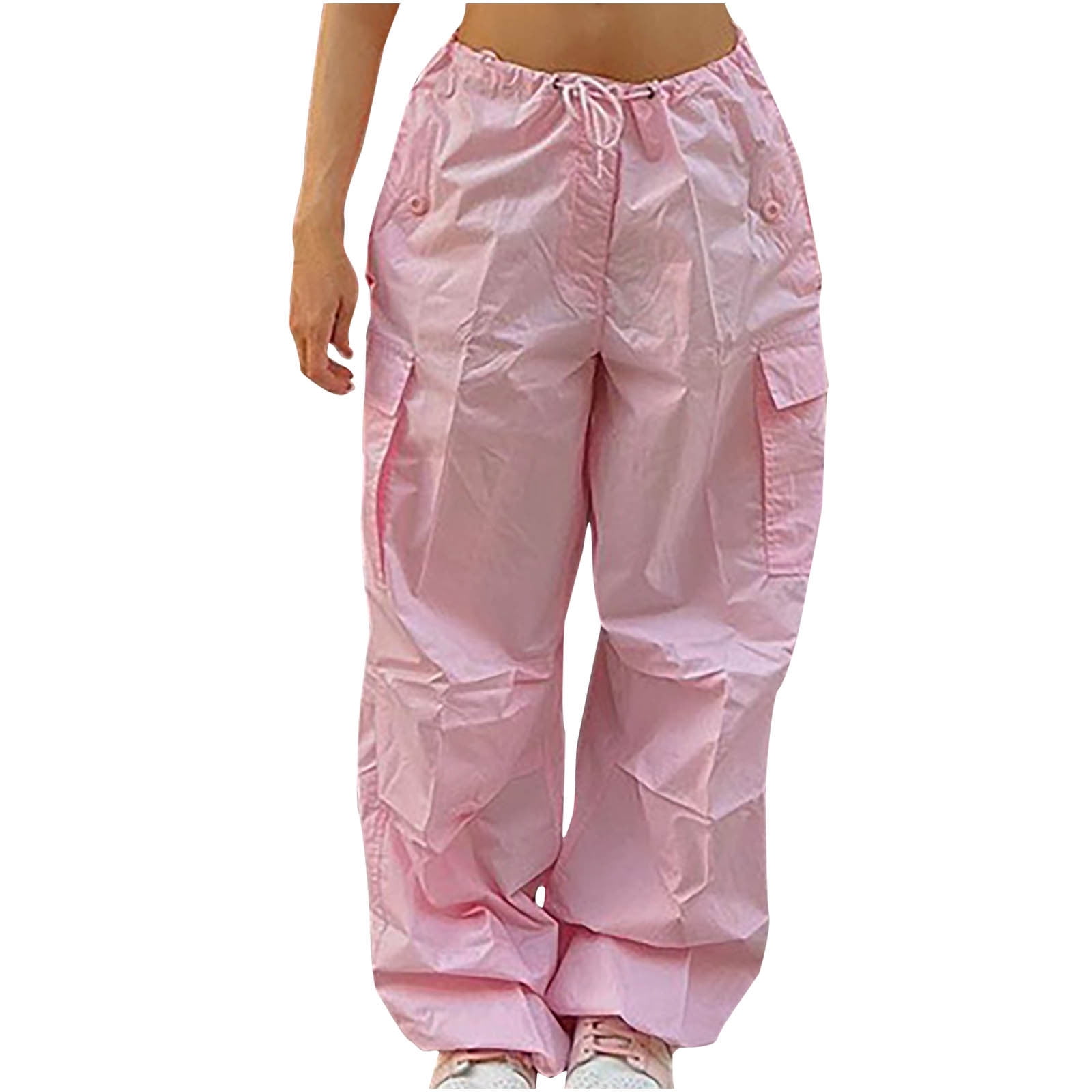 RYRJJ Parachute Pants for Women Drawstring Baggy Cargo Pants Multi Pocket  Y2K Trouser Low Rised Jogger Sweatpants Loose Hip Hop(Pink,L) 