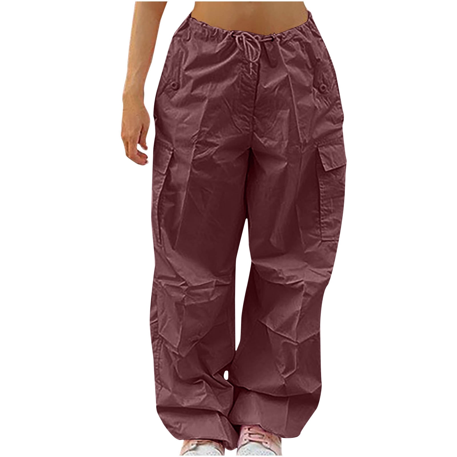Diconna Women 's Baggy Cargo Pants Y2K Drawstring Parachute Pants Hip Hop  Sweatpants Hippie Joggers Wide Leg Trousers Skin Color S 