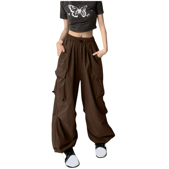 RYRJJ Parachute Pants for Women Y2K Streetwear Baggy Cargo Pants Drawstring High Rise Wide Leg Joggers Trousers with Multi-Pockets(Brown,3XL)