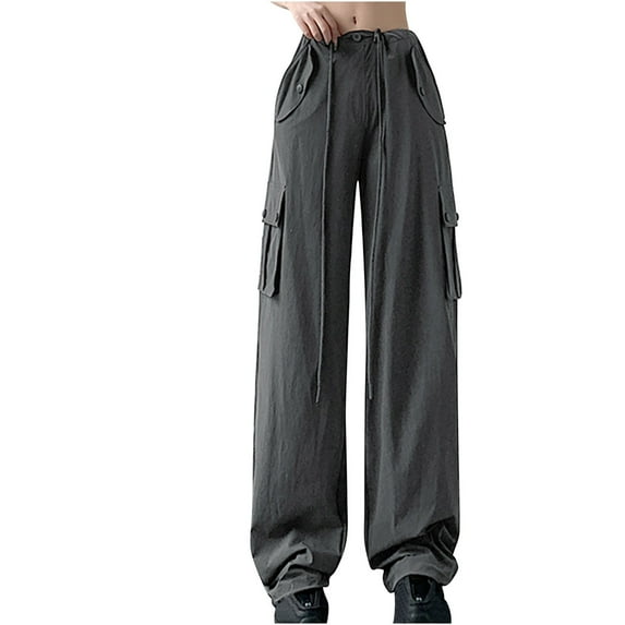 RYRJJ Parachute Pants for Womens High Waisted Wide Leg Cargo Pants Y2k with Pockets Baggy Casual Harajuku Streetwear(Gray,XL)