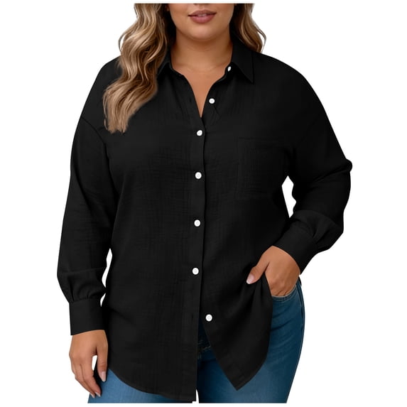 RYRJJ Plus Size Button Down Shirts for Women Long Sleeve Tops Textured Collared Shirt Summer Dressy Casual Work Blouses(Black,XXL)