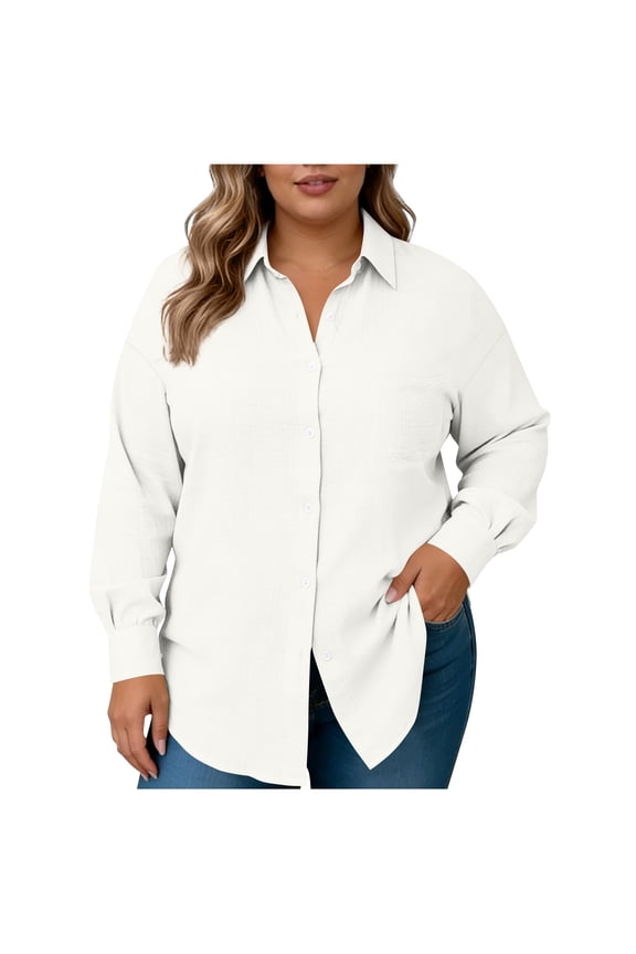 Plus Size Button Down Shirts for Women Long Sleeve Tops Textured Collared Shirt Summer Dressy Casual Work Blouses(White,XL)