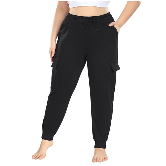 RYRJJ Plus Size Cargo Sweatpants for Women Loose Elastic Waist Drawstring Joggers Trousers Workout Lounge Pants With Pockets(Black,XL)