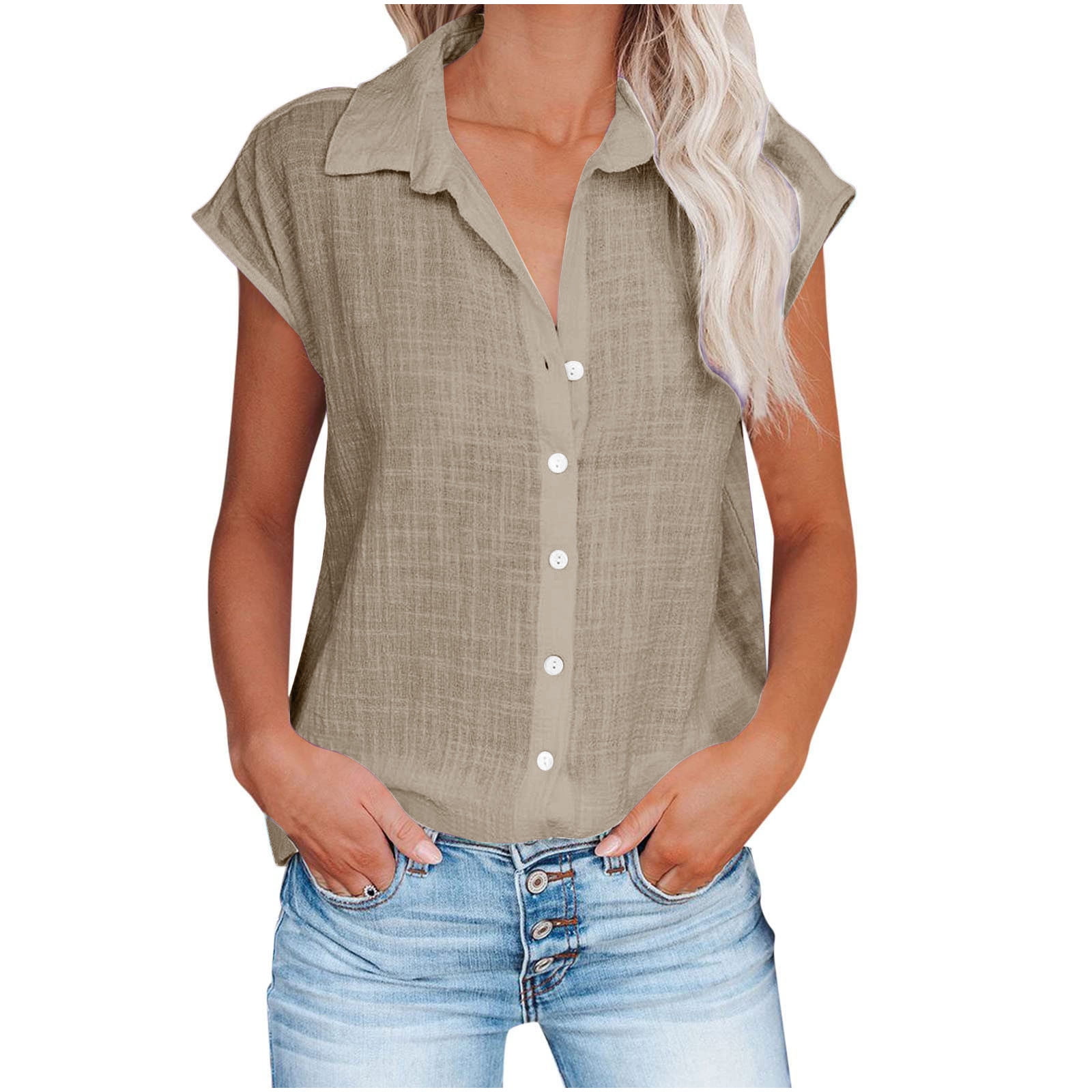 RYRJJ Plus Size Cotton Linen Button Down Shirts for Women Summer Short ...