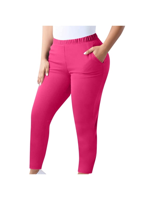 Plus Size Leggings for Women with Pockets Tummy Control Yoga Pants Stretchy Soft Comfy High Waisted Sport Workout Athletic Leggings(Hot Pink,XL)