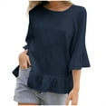thumbnail image 1 of RYRJJ Plus Size Linen Cotton Peplum Tops for Women Dressy Casual Crewneck 3/4 Ruffle Sleeve Babydoll Tops Summer Loose Fit Shirts Dark Blue L, 1 of 7