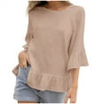 thumbnail image 1 of RYRJJ Plus Size Linen Cotton Peplum Tops for Women Dressy Casual Crewneck 3/4 Ruffle Sleeve Babydoll Tops Summer Loose Fit Shirts Khaki 5XL, 1 of 7