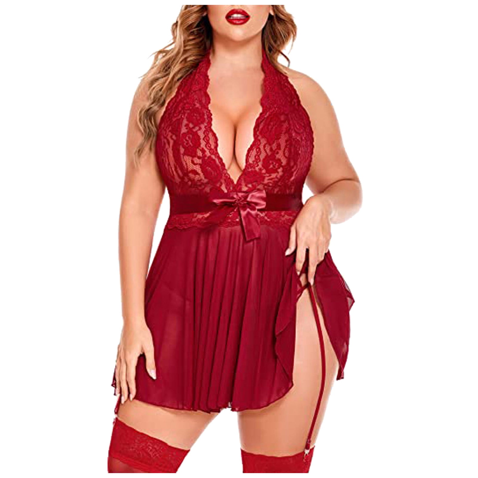 RYRJJ Plus Size Lingerie Lace Babydoll Womens Strap Chemise Nightgown  Halter V Neck Nighty Mesh Side Slit Nightdress with G-String(Black,M) -  Walmart.com